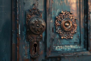 Poster - A close-up shot of a door handle on a wooden door