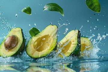 Poster - A ripe avocado falls from above into a calm body of water, creating ripples and waves