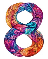 Sticker - A colorful, artistic representation of the number eight with swirling patterns.