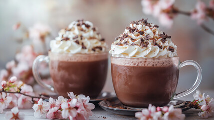 Artistic depiction of beautiful romance with two hot chocolates topped with whipped cream, highlighting love, warmth, and togetherness in a heartwarming scene