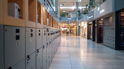 Poster - A photograph showcasing the of IoT connected smart lockers within a bustling shopping mall environment