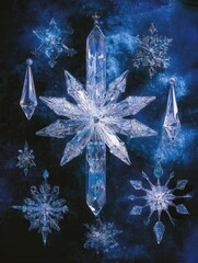 Leinwandbilder - Large icy crystals are intricately designed into stars and snowflakes, creating a stunning winter display for the holiday season. Generative AI