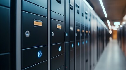 Photograph showcasing a bank of IoT connected smart lockers in a modern minimalist shopping mall environment  The lockers feature a clean