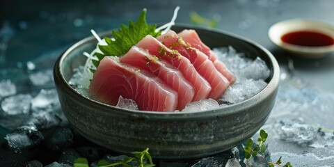 Wall Mural - Chilled sashimi of amberjack served in a bowl.