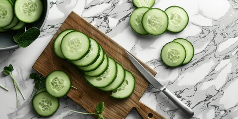 Fresh cucumber being sliced on a cutting board Sliced cucumber on marble surface overhead view with empty space for text