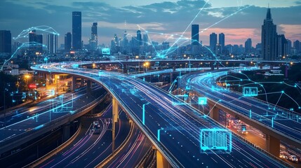 Poster - Aerial view of a modern multi level highway featuring advanced IoT driven traffic flow optimization systems for improved efficiency and management of urban transportation infrastructure