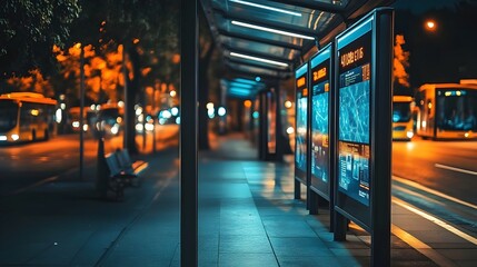 Poster - futuristic smart bus stops equipped with digital screens displaying real time arrival and schedule i
