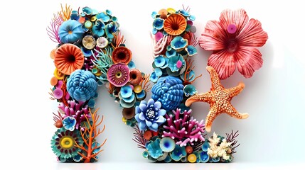 spectacular Letter N with colorful coral reef art, unique and dynamic, isolated at white background	