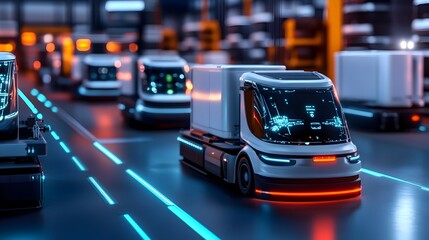 Poster - a photograph showcasing a smart logistics fleet of self driving vehicles integrated with cutting edg
