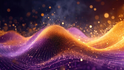 Abstract digital holographic orange amber, purple particles and waves with shiny sparkling dots and bokeh lights on dark blue violet wavy virtual surface and cyberspace background or wallpaper. 