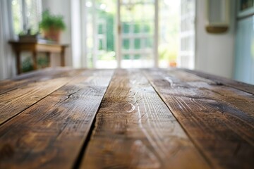 Poster - A wooden table with a view of a window in the background, perfect for a study or office setting