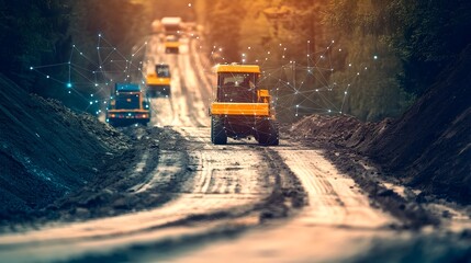Poster - photograph showcasing iot connected construction vehicles such as cranes and excavators actively eng