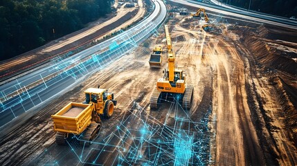 Poster - iot powered automation revolutionizes road construction site with seamless of heavy machinery and di