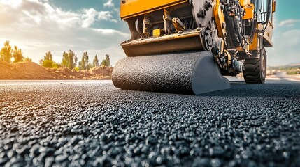 Poster - advanced iot enabled asphalt laying machine in action at a major road construction project site show