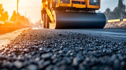 Poster - aerial view of an iot enabled asphalt laying machine in at a busy road construction site showcasing 