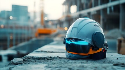 Poster - advanced smart construction helmet equipped with iot sensors on a road construction site showcasing 