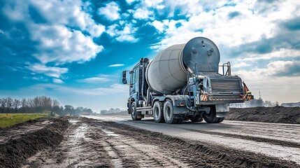 Poster - photograph of a modern iot enabled concrete mixer operating at a road construction site with ample c
