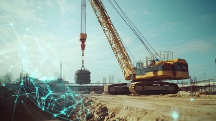 Poster - intelligent iot controlled crane lifting construction materials at smart road building site with cop