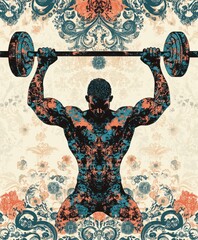 Sticker - A stylized illustration of a muscular figure lifting a barbell, with intricate floral patterns.