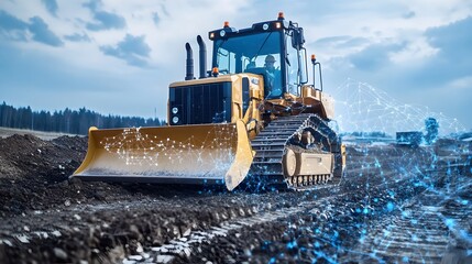 Poster - a photograph showcasing an iot powered bulldozer actively engaged in a road construction project pro
