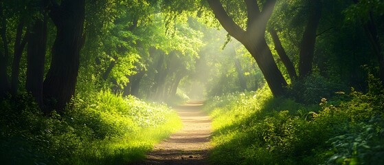 Aufkleber - Lush Forest Path With Sunlight Filtering Through Verdant Foliage Inviting Nature
