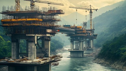 Poster - futuristic bridge under construction over river integrating iot and smart technology for future infr