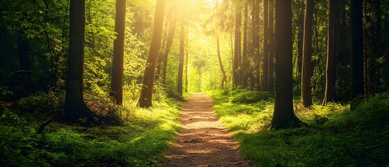 Aufkleber - Serene Forest Path with Sunlit Foliage Offering Peaceful Atmosphere