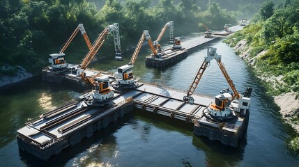 Poster - automated iot machines meticulously placing steel beams to build a bridge infrastructure over a tran