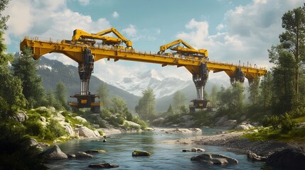 Poster - automated iot machines precisely placing steel beams to build a bridge over a flowing river showcasi
