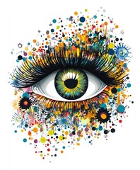 Sticker - An artistic representation of an eye surrounded by vibrant colors and abstract shapes.