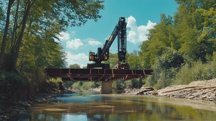 Poster - iot powered robotic arm placing steel beams for bridge construction over scenic river landscape