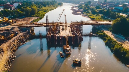 Poster - aerial view of a bridge construction site with iot technology guiding heavy machinery and equipment 