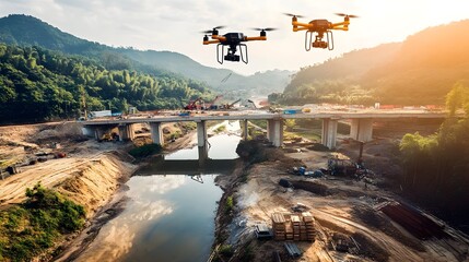 Poster - aerial photograph of iot powered drones delivering building materials to bridge construction site sp