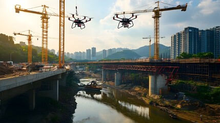 Poster - photograph showcasing iot powered drones delivering construction materials to a bridge building site
