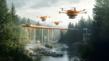 Poster - aerial view of iot powered drones transporting construction materials to a bridge construction site 