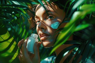 Poster - A woman holds a jar of cream in front of her face, applying it for skincare