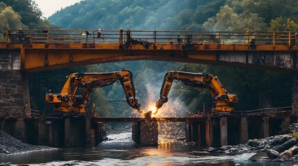 Poster - futuristic scene of iot powered robots efficiently welding sections of a bridge over a river showcas