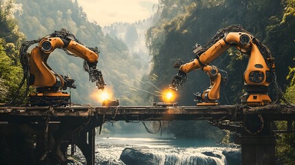 Poster - futuristic image showcasing iot powered robots seamlessly welding together sections of a sturdy brid