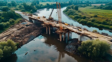 Poster - aerial view of intelligent bridge construction project with iot systems coordinating logistics and w