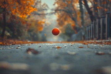 Poster - A lone orange ball sitting in the middle of a road, great for use in illustrations or designs about roads, transportation, or caution