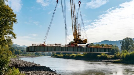 Poster - an iot enabled crane lifting a massive bridge section high above a flowing river showcasing the prec
