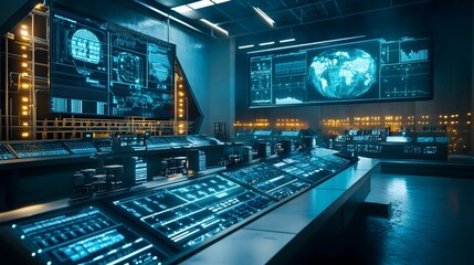 Poster - high tech control room with iot interfaces and digital dashboards overseeing the smart construction 