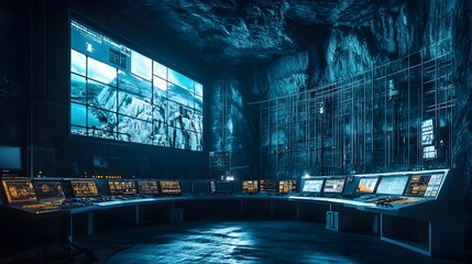 Wall Mural - Automated Control Room with IoT Interfaces Overseeing the Construction of a Hydroelectric Dam Showcasing Advanced Monitoring and Management Technologies for Infrastructure Development