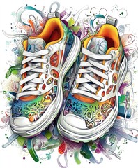 Canvas Print - Colorful athletic shoes with intricate designs surrounded by vibrant patterns.