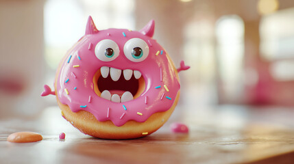 Emphasizing playful food art with a cute pink donut and a little monster, highlighting creativity and digital illustration