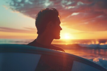 A man holding a surfboard on the beach as the sun sets in the background