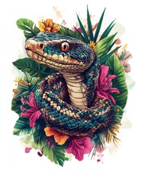 Canvas Print - A colorful snake entwined in vibrant tropical foliage and flowers.