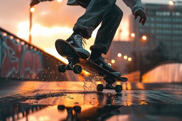 Wall Mural - A person riding a skateboard on a wet surface, great for action or sports scenes