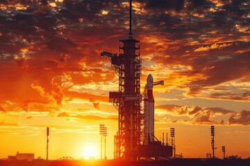 Poster - A large tower seen during sunset with warm light