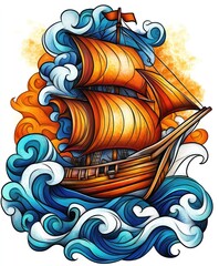 Poster - A vibrant illustration of a sailing ship amidst waves and clouds, showcasing adventure and nature.